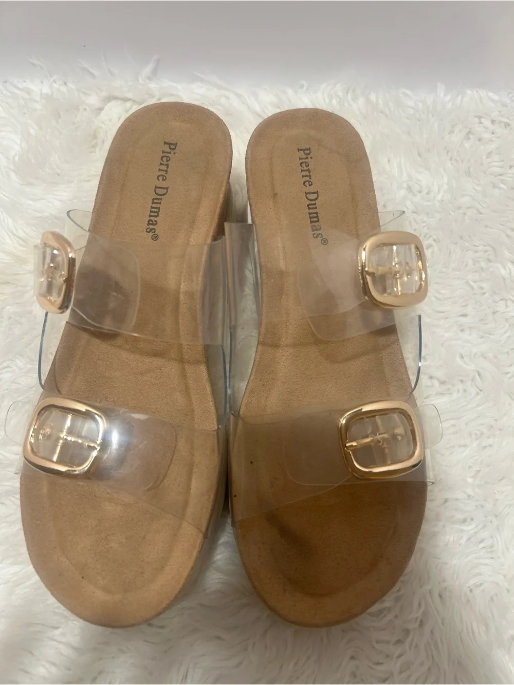 Pierre Dumas Clear Wedge Slide Sandals with Gold Buckles 8